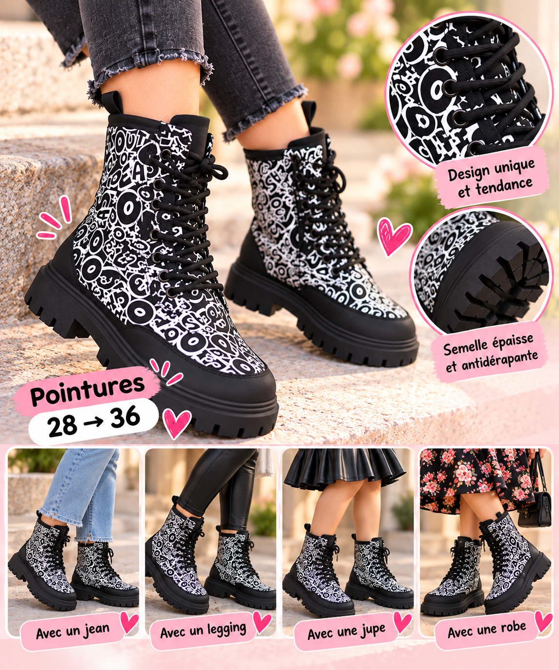 Bottines Montantes à Lacets – Imprimé Graffiti Noir et Blanc
