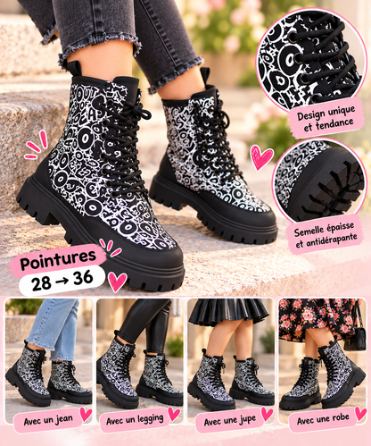 Bottines Montantes à Lacets – Imprimé Graffiti Noir et Blanc